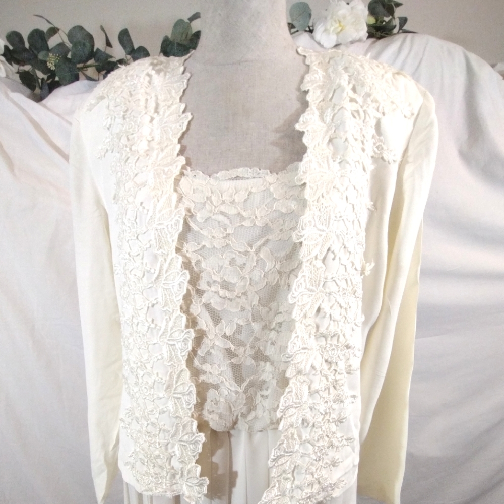 Midi Dress+Jacket, Vintage Open Crop, Long Sleeve, Ivory, Lace, Pleats, Straps,8 - Picture 5 of 16